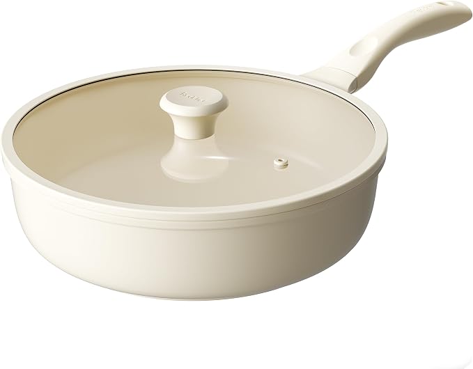 Redchef Ceramic Frying Pan with Glass Lid, Nonstick Deep Saute Pan for All Stovetops, Healthy Cooking Pan, Ergonomic Handle, Fast Even Heating, Splatter Prevention, Oven Safe