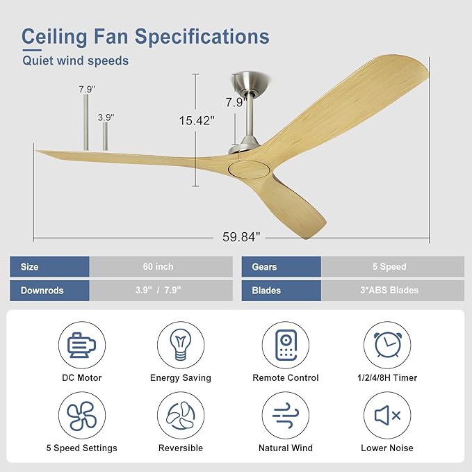60 Inch Ceiling Fan: 3 Blades Ceiling Fans No Light Reversible Quiet Dc Motor - Outdoor Ceiling Fan for Patios with Remote Control for for Indoor Bedroom Farmhouse
