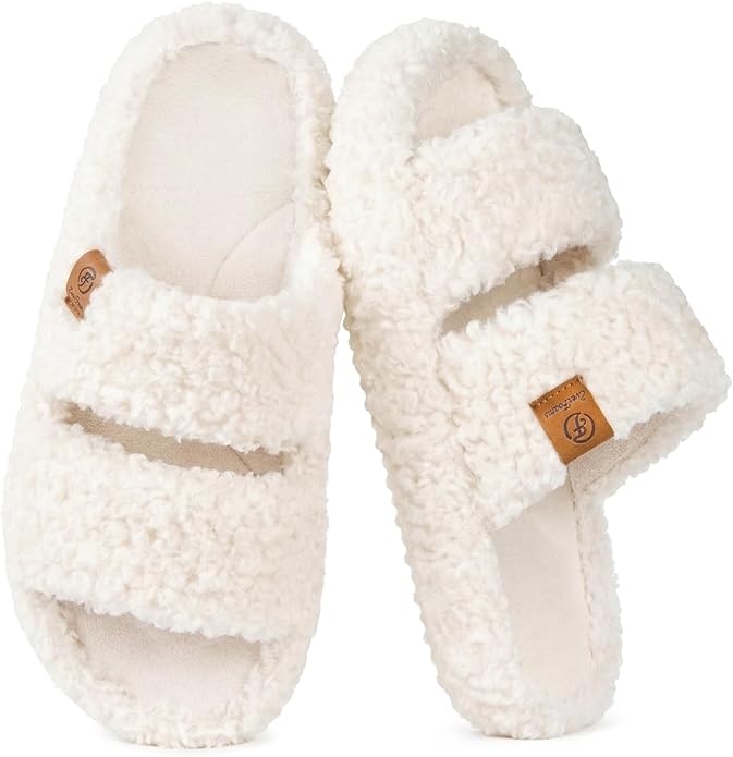 EverFoams Womens Fuzzy Open-toe Slippers Soft Comfy Memory Foam Indoor House Shoes