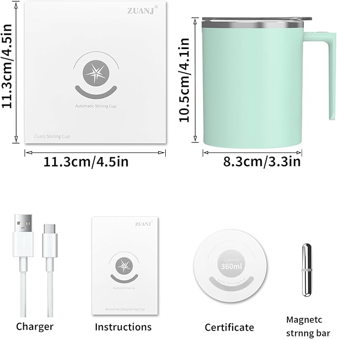 Self Stirring Mug, 12.2 oz Self Stirring Coffee Mug with Magnetic Stirrer & Anti-Sedimentation, Rechargeable Auto Magnetic Coffee Mug for Coffee, Milk, Hot Cocoa (Green)