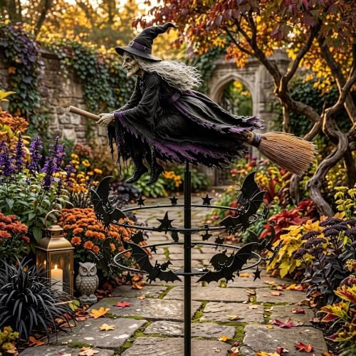 2PCS The Enchanted Witch Garden Wind Spinner, Metal Halloween Yard Art Outdoor Garden Decor, Outdoor Garden Stake Decoration, Halloween Lawn Ornament Wind Spinners for Halloween Yard Patio Pathway