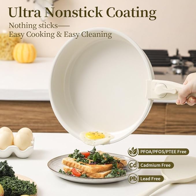 Pots and Pans Sets Non Stick，6PCS Ceramic Cookware Sets Nonstick Detachable Handle，Induction hob Pans(beige)