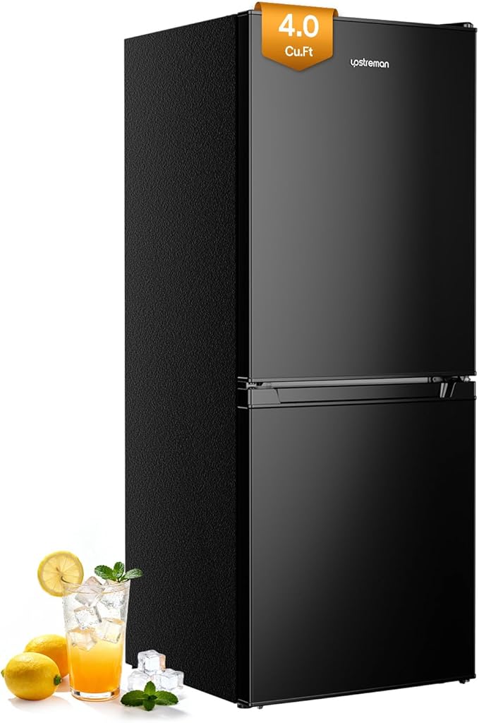 Upstreman 4.0 Cu.Ft Mini Fridge with Bottom Freezer, Double Door Small Refrigerator, Large Capacity Small Fridge with Freezer, Mini Refrigerator for Bedroom, Dorm, Office, BM40 (Black)