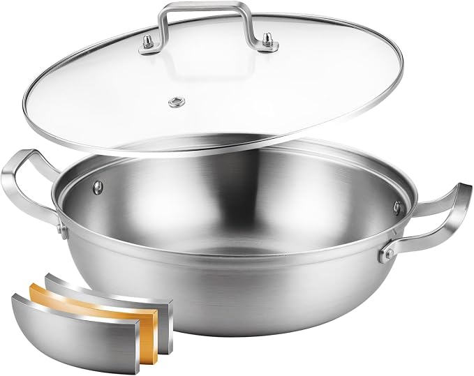 Delarlo Tri-Ply Stainless Steel Hot Pot 12 inch Everyday pan With lid,4QT | Deep Saute Pan,Kitchen Everything Pan, High Side Chef's Pans, Induction Cooking Pot, Dishwasher Safe,Stock Pot Up To 600℉