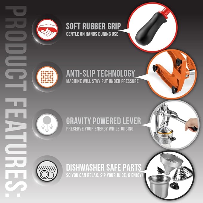 Eurolux Ultra-Premium Cast Iron Juicer | Extra-Large, Heavy Duty, Commercial Grade, Stainless Steel Manual Hand Press Citrus Squeezer For Fresh Orange Juice, Pomegranate, Lemon, and Much More (Red)