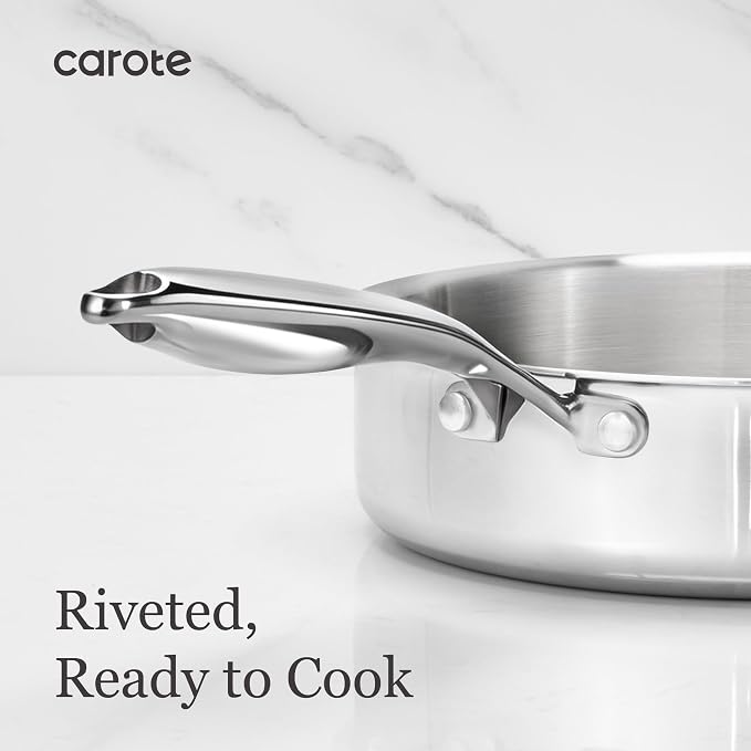 CAROTE 30 PCS Tri-Ply Stainless Steel Cookware Set, Pots and Pans Set, Non Toxic Induction Kitchen Cooking Sets, Cookware Collection, Silver