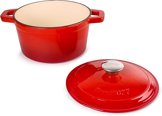 BergHOFF Neo 4Pc Enameled Cast Iron Cookware Set, Grill Pan 11 inches, Fry Pan 10 inches, 3qt. Dutch Oven, Matching Lid, Fast, Evenly Heat, Oven Safe (Red)