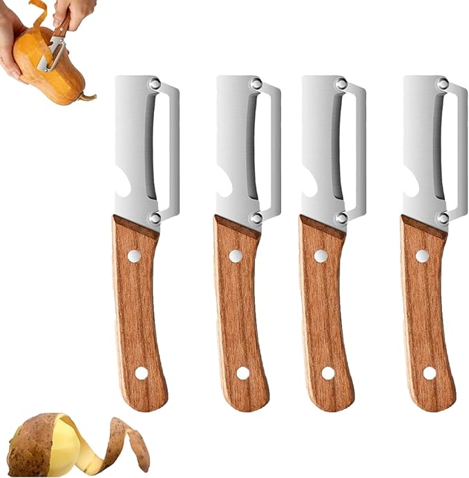2.5 mm Micro Drag Peeler, Kitchen Multi-Function Heavy-Duty Steel Peeler, Multifunctional Fruit and Vegetable Peeler, 2-in-1 Peeler Tool with Wooden Handle, Smooth Peeling for Potato & Carrot (4PCS)