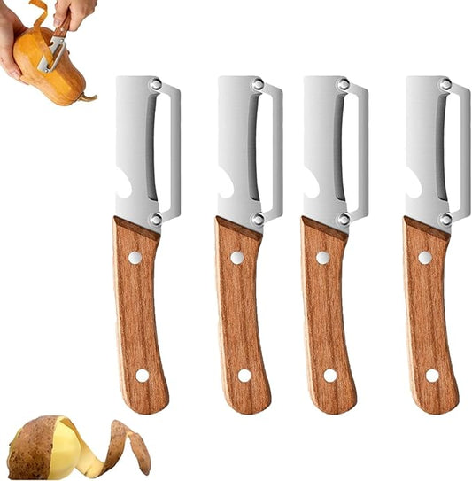 2.5 mm Micro Drag Peeler, Kitchen Multi-Function Heavy-Duty Steel Peeler, Multifunctional Fruit and Vegetable Peeler, 2-in-1 Peeler Tool with Wooden Handle, Smooth Peeling for Potato & Carrot (4PCS)