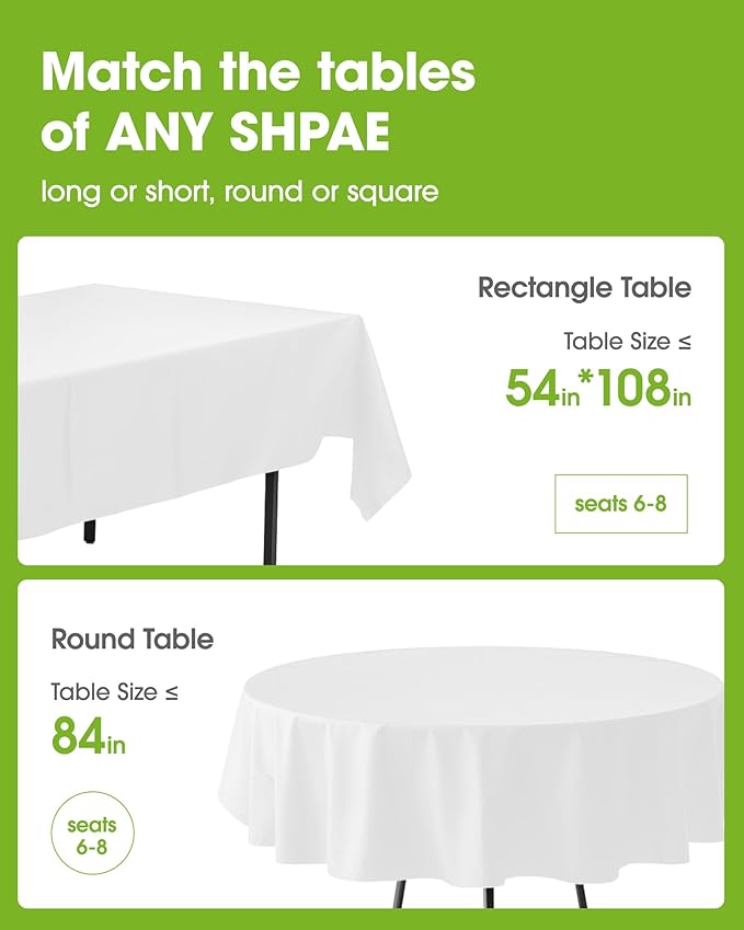 Pureegg Plastic Table Cloth Disposable 20 Pack, 84'' Round Table Cloths, Party, Picnic, Wedding, Decorative Tablecloths, Round, White Plastic Cover, Leakproof & Sturdy, White
