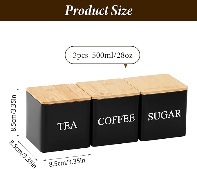 3 Pack 16oz Coffee Tea Sugar Container Set, Kitchen Canisters Set with Bamboo Lids, Stackable Food Storage Container Jars for Coffee Beans, Tea, Sugar, Flavourings, Cereals, Snacks (Black)