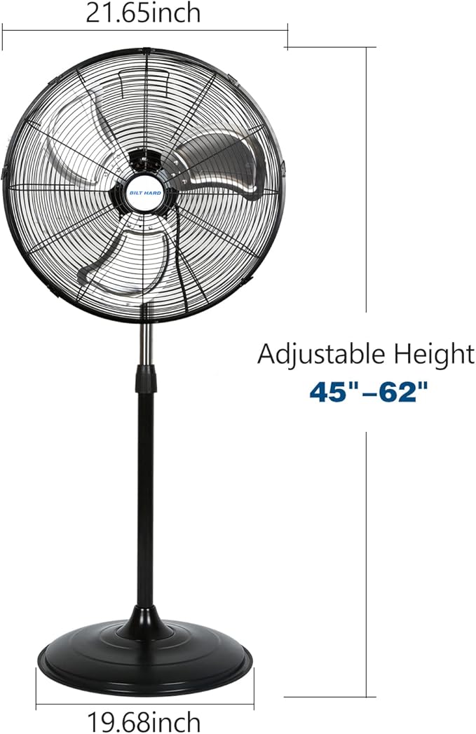 BILT HARD 5200 CFM 20" High-Velocity Industrial Pedestal Fan, 3-Speed Oscillating Stand Fan, Heavy Duty Metal Fan for Commercial, Warehouse, Garage Use