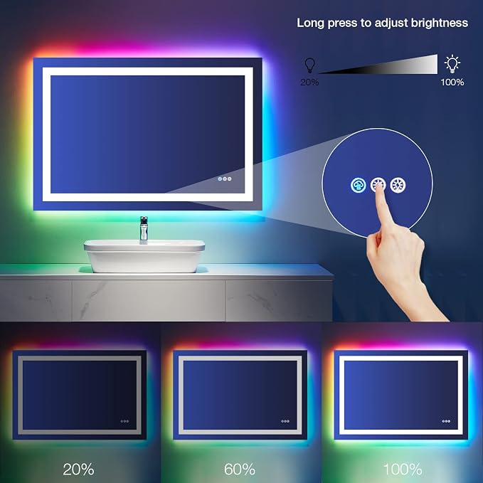 LOAAO 48"X30" RGB LED Bathroom Mirror with Lights, Anti-Fog, Dimmable, Lighted Bathroom Vanity Mirror, Multiple Light Modes, RGB Backlit + Front Light, Memory Function, Tempered Glass, ETL Listed