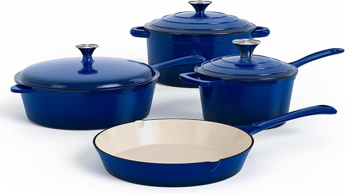 DishDelight 7 Pcs Enameled Cast Iron Pots and Pans Set, Induction Enamel Coated Cookware, Blue Dutch Oven Set with Lids, Oven Safe up to 500° F or on All Stovetop, PFOA&PFAS Free
