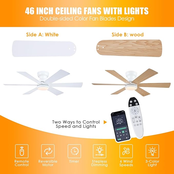 Asyko 46" White RGB Ceiling Fans with Lights and Remote,Low Profile Ceiling Fans with Quiet Reversible DC Motor,Small Modern Flush Mount Ceiling Fan Light for Bedroom Kids Room