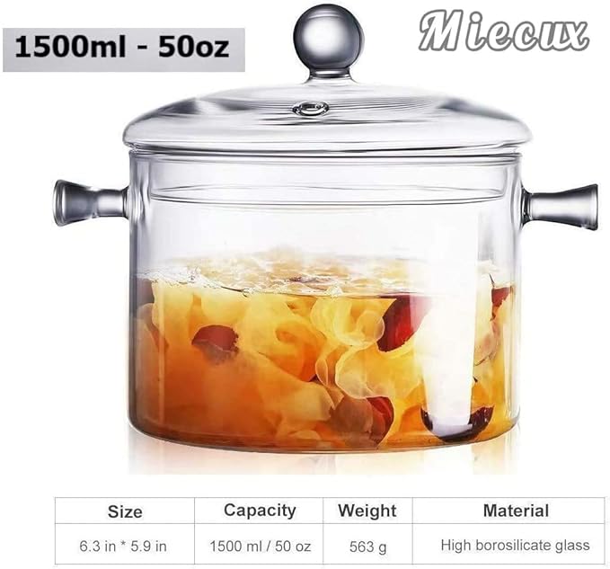 Glass Saucepan - 2.3L/78OZ Glass Saucepan Heat-Resistant Borosilicate Glass Handmade Cookware Set stovetop Pot - Safe for Pasta Noodle, Soup, Milk, Tea,salad (2.3L/78OZ)