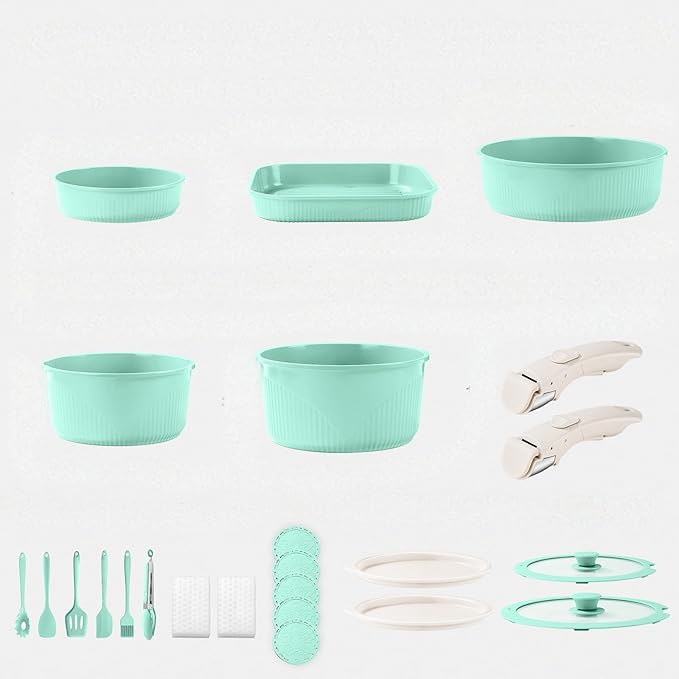 24-Piece Non-Stick Cookware Set with Stackable Storage, Kitchen Collection Including 8-10 Inch Skillets, Casserole Dish, Removable Handle, Utensils, Silicone Mat, Storage Lid (Green)