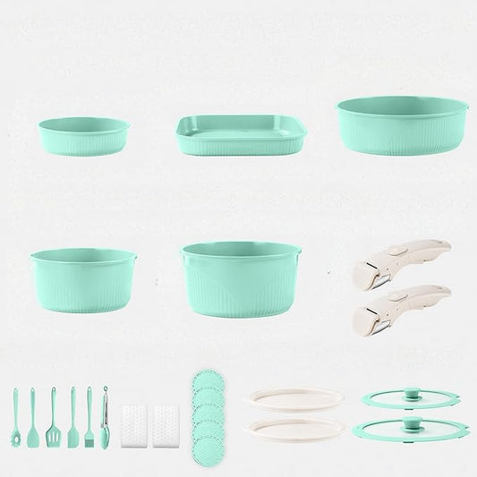 24-Piece Non-Stick Cookware Set with Stackable Storage, Kitchen Collection Including 8-10 Inch Skillets, Casserole Dish, Removable Handle, Utensils, Silicone Mat, Storage Lid (Green)