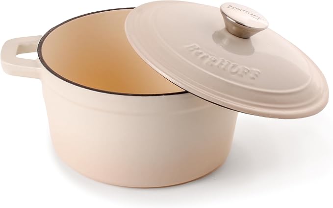 BergHOFF Neo 4Pc Enameled Cast Iron Cookware Set, Grill Pan 11 inches, Fry Pan 10 inches, 3qt. Dutch Oven, Matching Lid, Fast, Evenly Heat, Oven Safe (Meringue)