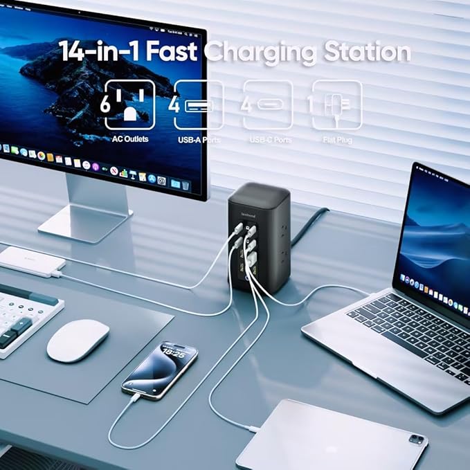 TenTrend Power Strip Tower, 350W Total Fast Charging Station for Multiple Devices, 5FT Extension Cord Tower with 6 Outlets 8 USB(4 USB C), 2000J Surge Protector for Home Office, Dorm Essentials