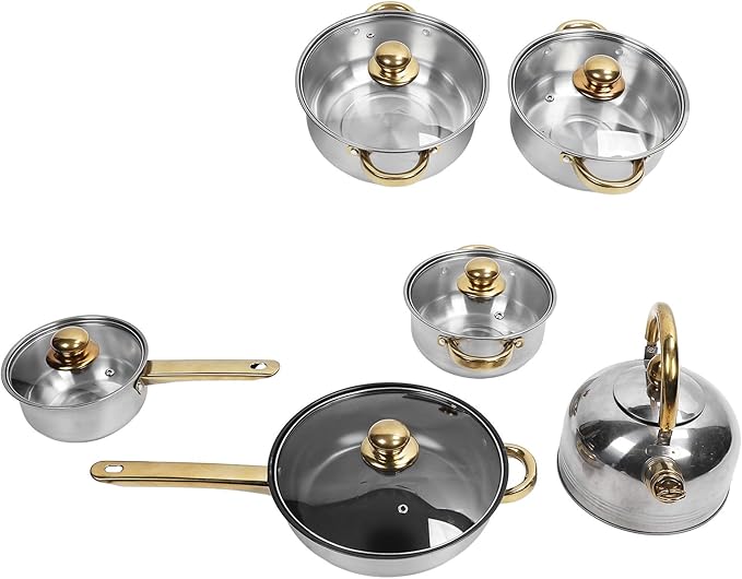 12pcs Pots and Pans Set, Stainless Steel Induction Kitchen Cookware Set with Detachable Handle, Dishwasher Non Stick Cooking Set with Frying Pan, Saucepans, Stockpots (Gold