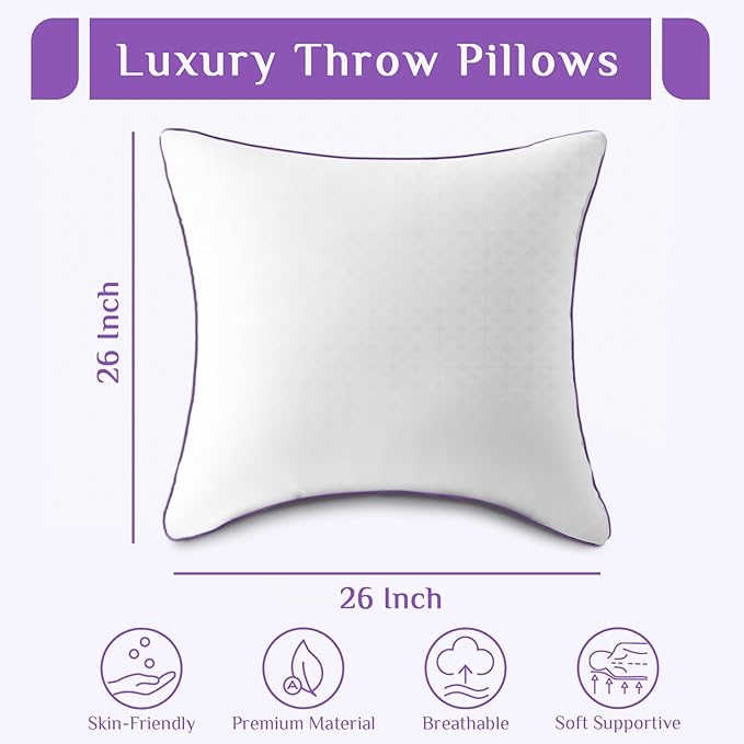 JOLLYVOGUE Euro Size Pillows Set of 2, 26'' x 26'' Cooling Bed Throw Pillows with Super Soft Down Alternative Fill, Luxury Fluffy Hotel Quality for Bed, Couch, and Sofa