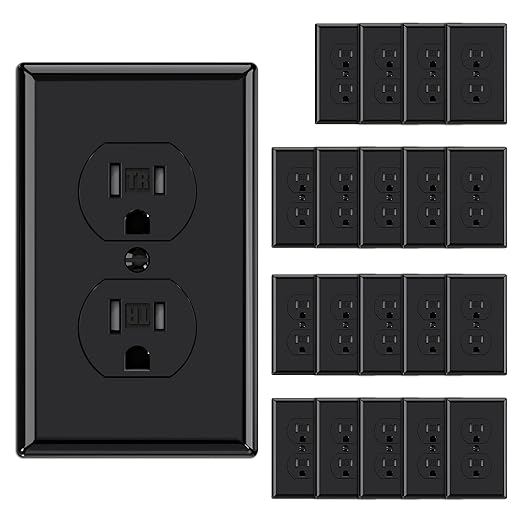 AIDA 20 Pack Black Standard Duplex Electrical Wall Receptacle Outlet, 15A 125V, 2 Pole 3 Wire, Tamper Resistant, NEMA 5-15R, Self-Grounding, Wall Plate Included, UL Listed