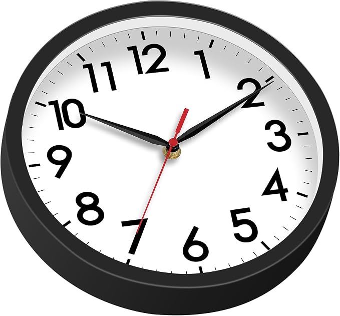 AKCISOT 8 Inch Wall Clock, Battery Operated Analog Clock, Silent Non-Ticking, Ideal for Bedroom, Bathroom, Kitchen, Office and School, Black