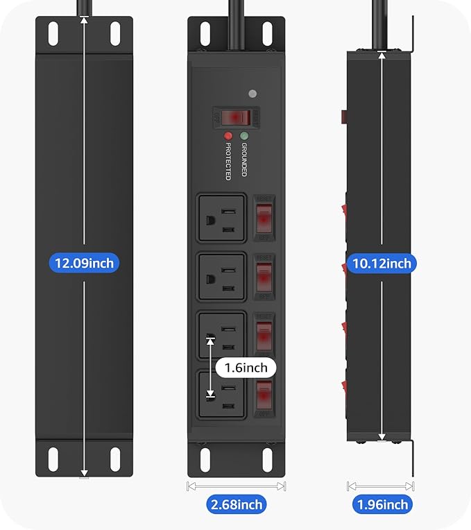 CCCEI Heavy Duty Surge Protector Power Strip 20 Amp Individual Switches. 15FT 12 Gauge Extension Cord with Multiple Outlets. Kitchen, Garage, Shop, Industrial Wall Mount Electric Extender, Black.
