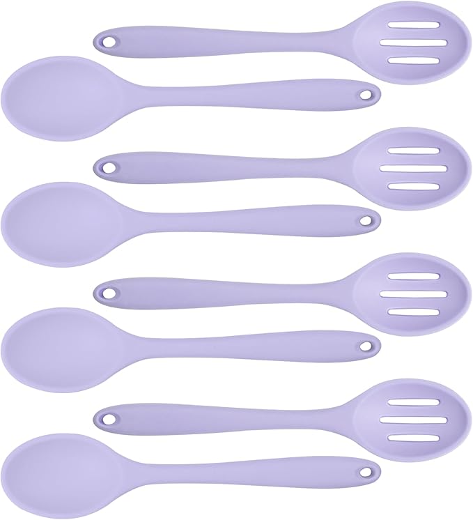 8 Pcs Heat Resistant Non Stick Silicone Serving Spoons Set -Ideal for Cooking, Baking, Mixing, Stirring Includes Slotted & Solid Spoons, Design for Nonstick Cookware (Purple)