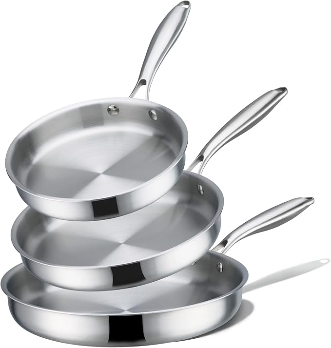 CAROTE 3-Piece Tri-Ply Stainless Steel Frying Pan Set, Skillet Set 8"/10"/12", Induction Compatible, Oven & Dishwasher Safe, Silver Handle