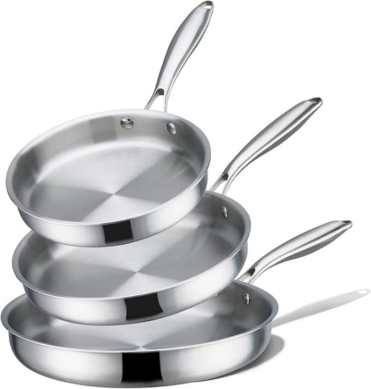 CAROTE 3-Piece Tri-Ply Stainless Steel Frying Pan Set, Skillet Set 8"/10"/12", Induction Compatible, Oven & Dishwasher Safe, Silver Handle