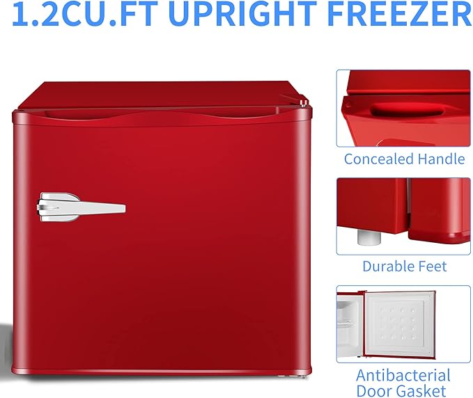 Antarctic Star Mini Upright Freezer -1.2 cu.ft Compact freezer with Removable Shelves and Adjustable Thermostat, for Home/Kitchen/Office(Red)