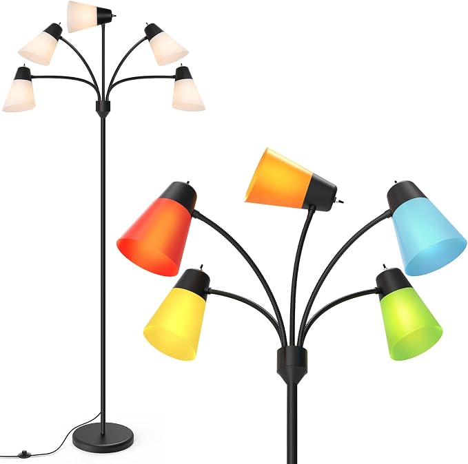 FOLKSMATE LED Floor Lamp, Medusa Multi Head Modern Tall, Rustic Adjustable Reading Standing Light for Living/Kids Room, Bedroom, Black
