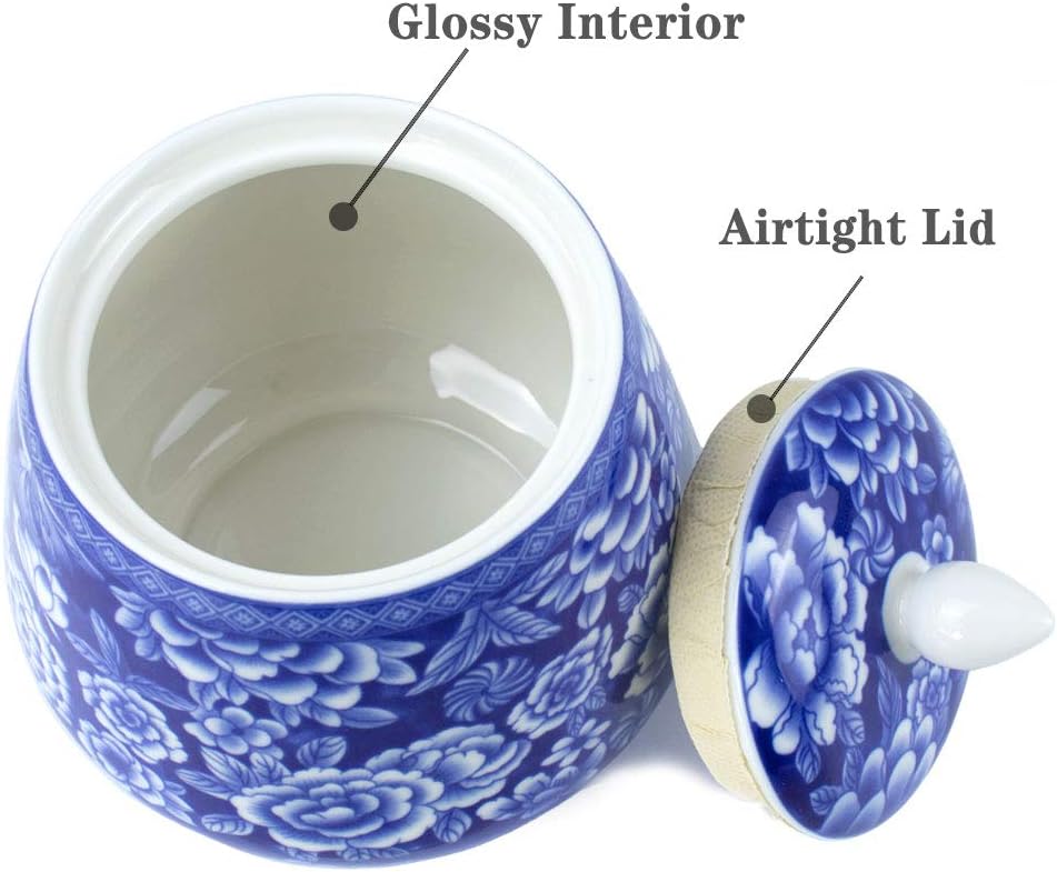Dahlia Blue and White Porcelain Tea Canister for Loose Tea, Airtight Jingdezhen Tea Caddy, Peony 850 ML
