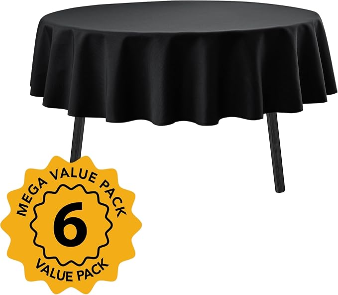 6-Pack Black Round Tablecloths, 90 Inches, Stain-Resistant Polyester for 4-5 Ft Round Tables - Washable Table Covers for Weddings, Banquets, Birthday Parties, Events