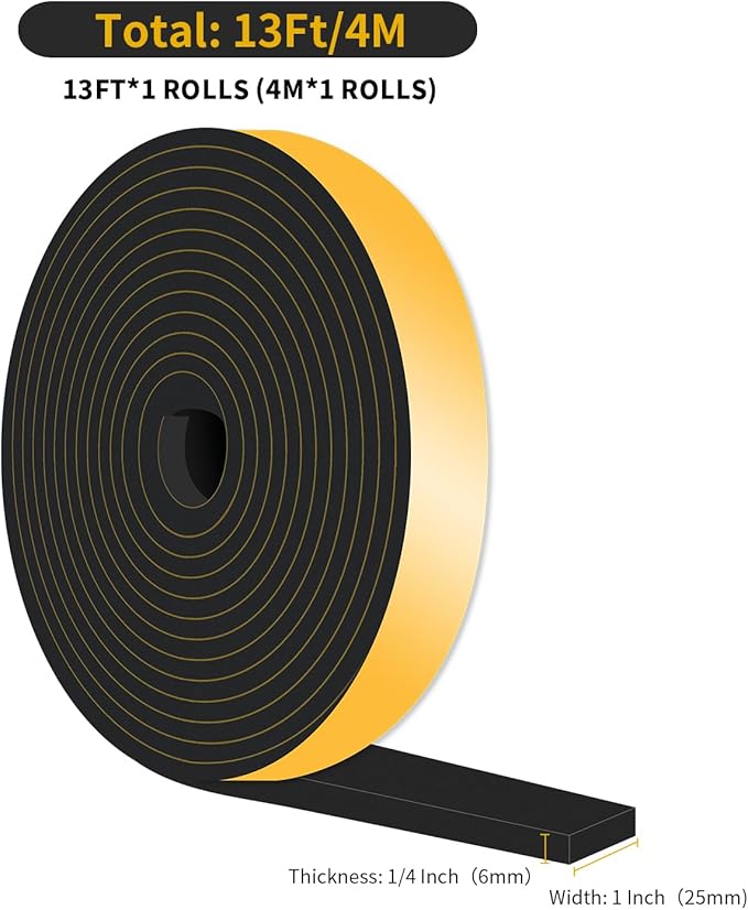 Weather Stripping Door Seal,Weather Stripping,Soundproof,Cold Insulation,High Density CR Foam Insulation Tape for Door, Front Door Frame, Windows,Sliding Door (Black, 1 in x 1/4 in x 13Ft)