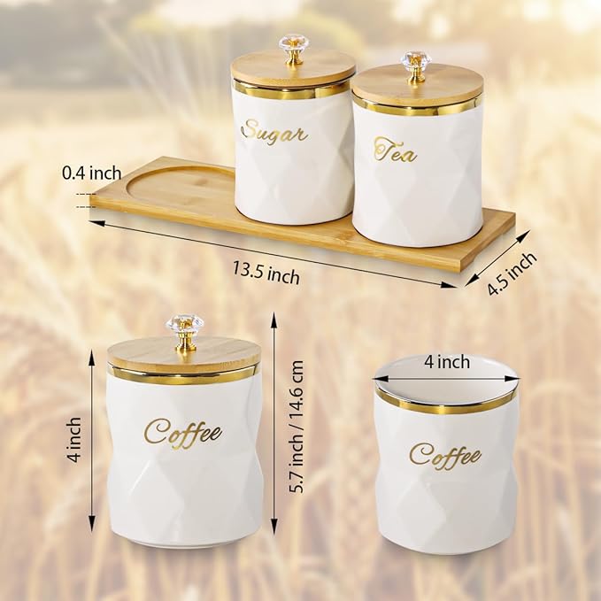 White Ceramic Storage Canister for Coffee Sugar Tea Containers Set of 3, Coffee Sugar Tea Canisters Set with Bamboo Lids and Tray, Airtight Food Storage Jars for Kitchen Pantry