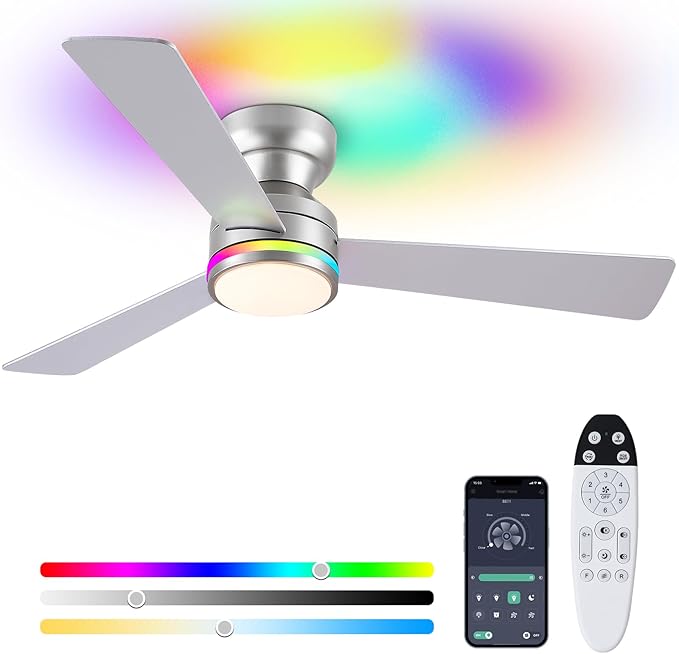 Asyko 46" Silver RGB Ceiling Fans Light,Low Profile Ceiling Fans with Lights and Remote,Modern Flush Mount Ceiling Fan Light with Quiet Reversible DC Motor for Bedroom Kids Room,Party