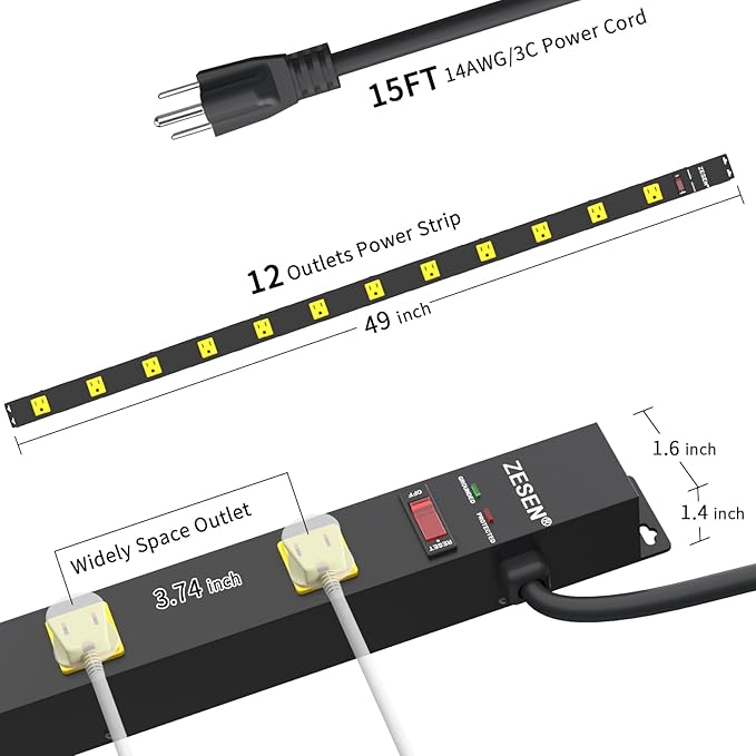 12 Outlet Industrial Power Strip with 15Ft Cord, 2 Pack 1875W Heavy Duty Metal Power Strip with Wide-Spaced Outlets & Overload Protection, ETL Listed for Garage, Workshop, Office, Home
