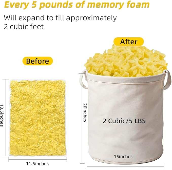 Welacer 10lbs Bean Bag Filler, Shredded Memory Foam Filling for Pillow Stuffing Cushion Arts Crafts Refill, Without Added Gel Particles, Premium Soft and Great for Stuffing (Yellow)
