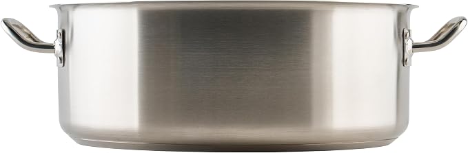 Winco 20 qt Stainless Steel Brazier Pan with Lid | Flat bottom, Wide base, Riveted handles, Induction safe, Great for Braising, Simmering, Batch Cooking and Restaurant Kitchens