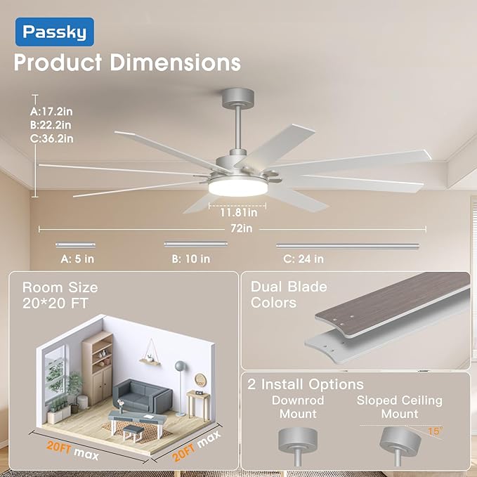 72 inch Ceiling Fans with Lights, Large Modern Ceiling Fan with Light and Remote Control, Reversible, Dimmable, 3CCT, Quiet, Nickel Ceiling fan For Bedroom Living Room Patio Farmhouse, Indoor/Outdoor
