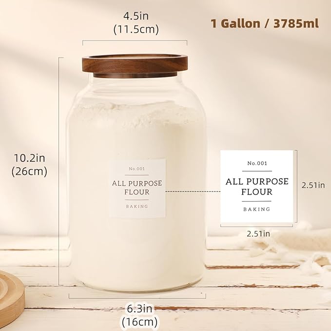 2 Pack Large Glass Flour and Sugar Storage Containers with Airtight Acacia Wood Lids and 132 Kitchen Pantey Labels Preprint - 1 Gallon Borosilicate Glass Canister Sets for Food,Pasta,Cookie,Rice