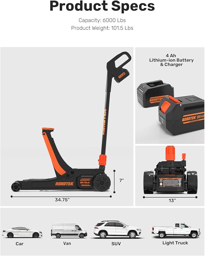 3 Ton Electric Floor Jack, Low Profile Jack for Quickly Car Lift, Hydraulic Service Jack, 6000 lbs Capacity. Lifting Range 3-3/8" to 24-1/4"