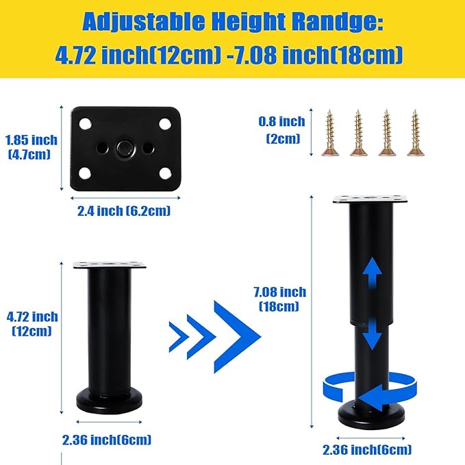 6 PCS Adjustable Furniture Couch Cabinet Legs 4.72-7.48 Inch, Heavy Duty Adjustable Height Replacement Legs for Dresser/Sofa/Bed/Chair, Legs for Furniture Set of 6 (Black)