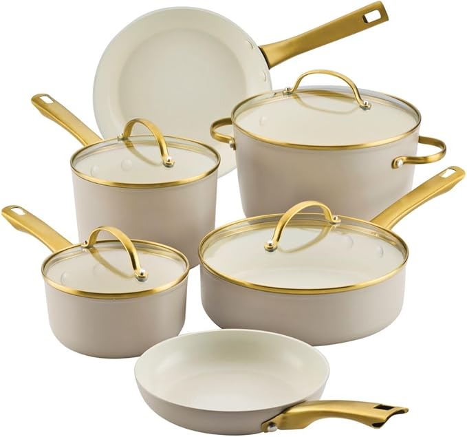 Farberware Forged Induction Ceramic Nonstick Pots and Pans Set with Cooking Tools, Dishwasher Safe, Gold Color Stainless Steel Handles, 12 Piece Cookware Set - Taupe