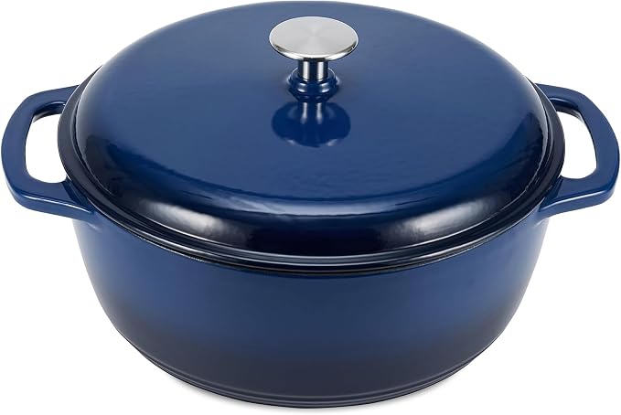 Amazon Basics Enameled Cast Iron Dutch Oven Pot with Lid, Round, Dual Handles, Heavy-Duty, Oven Safe for Stews, Roasting, Baking, 7.3-Quart, Navy