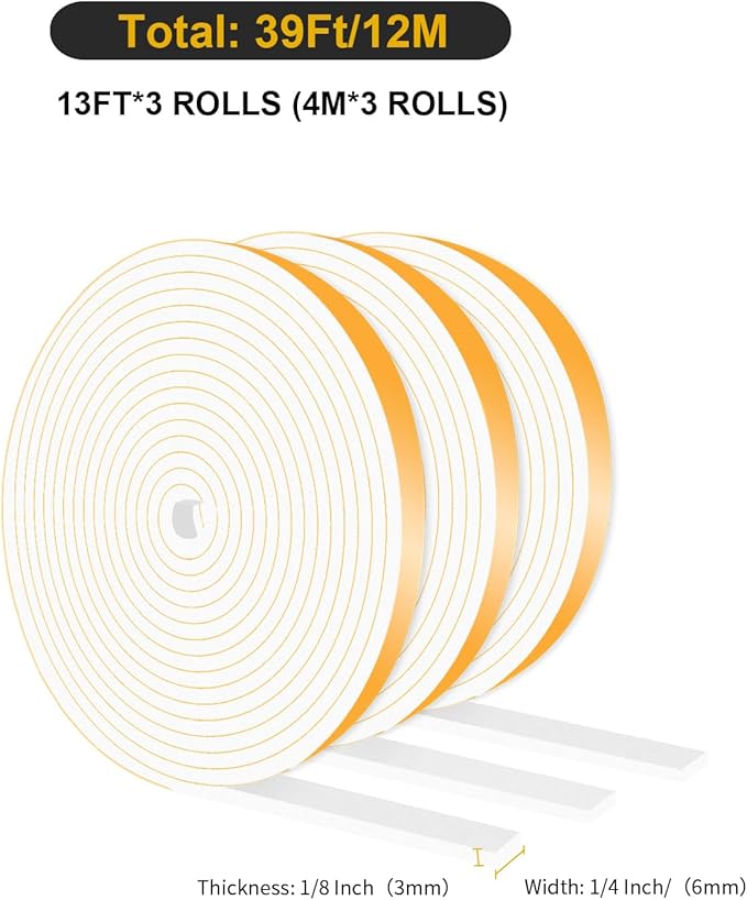 Weather Stripping Door Seal Strip,Weather Stripping,Door Seal Strip for Door Frame,Window(White,1/4 in x 1/8 in x 39Ft)