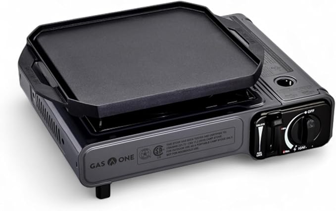 GasOne GS-1000G-KIT Butane Gas Stove with Flat Top Griddle Included – Butane Grill Tent Stove Burners for Cooking for Camping, Kitchen – Diecast Aluminum with Non Stick Coating